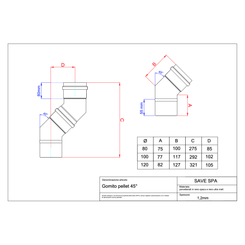 Koleno dymovod peletové kachle priemer 100/45 ° čierny matný smalt