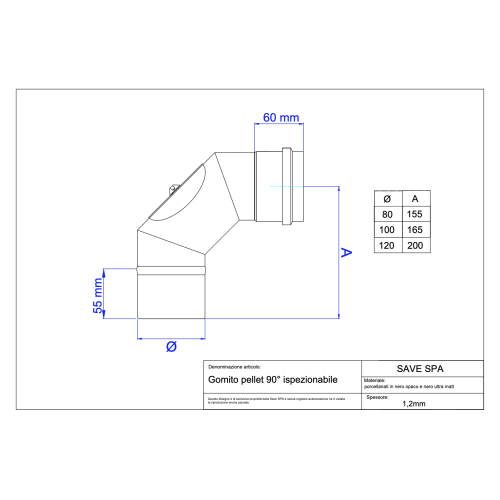 Koleno dymovod peletové kachle priemer 100/90 ° čierny s čistiacim otvorom matný smalt