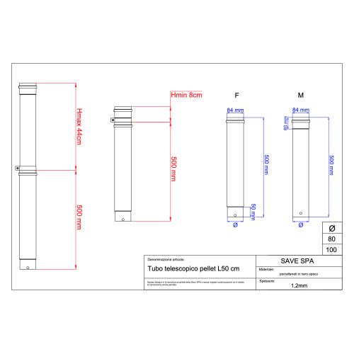 Rúrka dymovodu peletové kachle pr. 100 teleskopická 508-940 mm