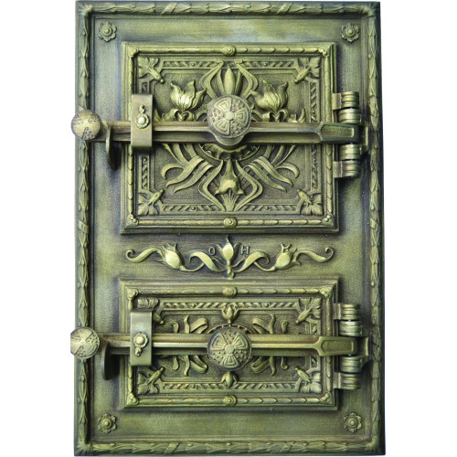 Liatinový kachľový štít - IRIS - mosadz-patina