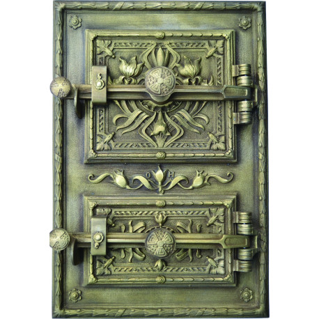 Liatinový kachľový štít - IRIS - mosadz-patina