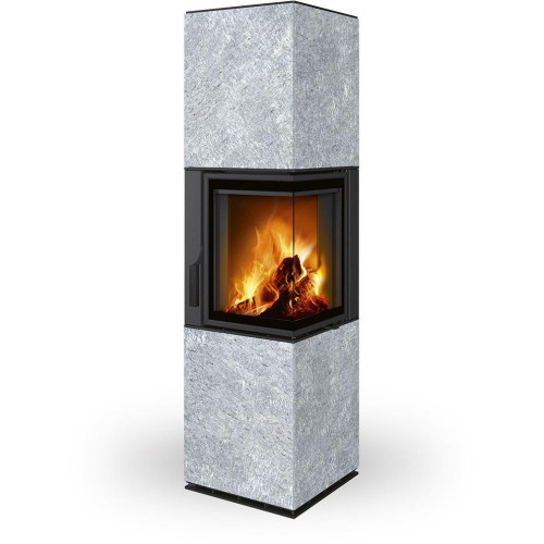 HARMONY R/L HA kameň - dizajnový rohový akumulačný krb, Delené sklo,