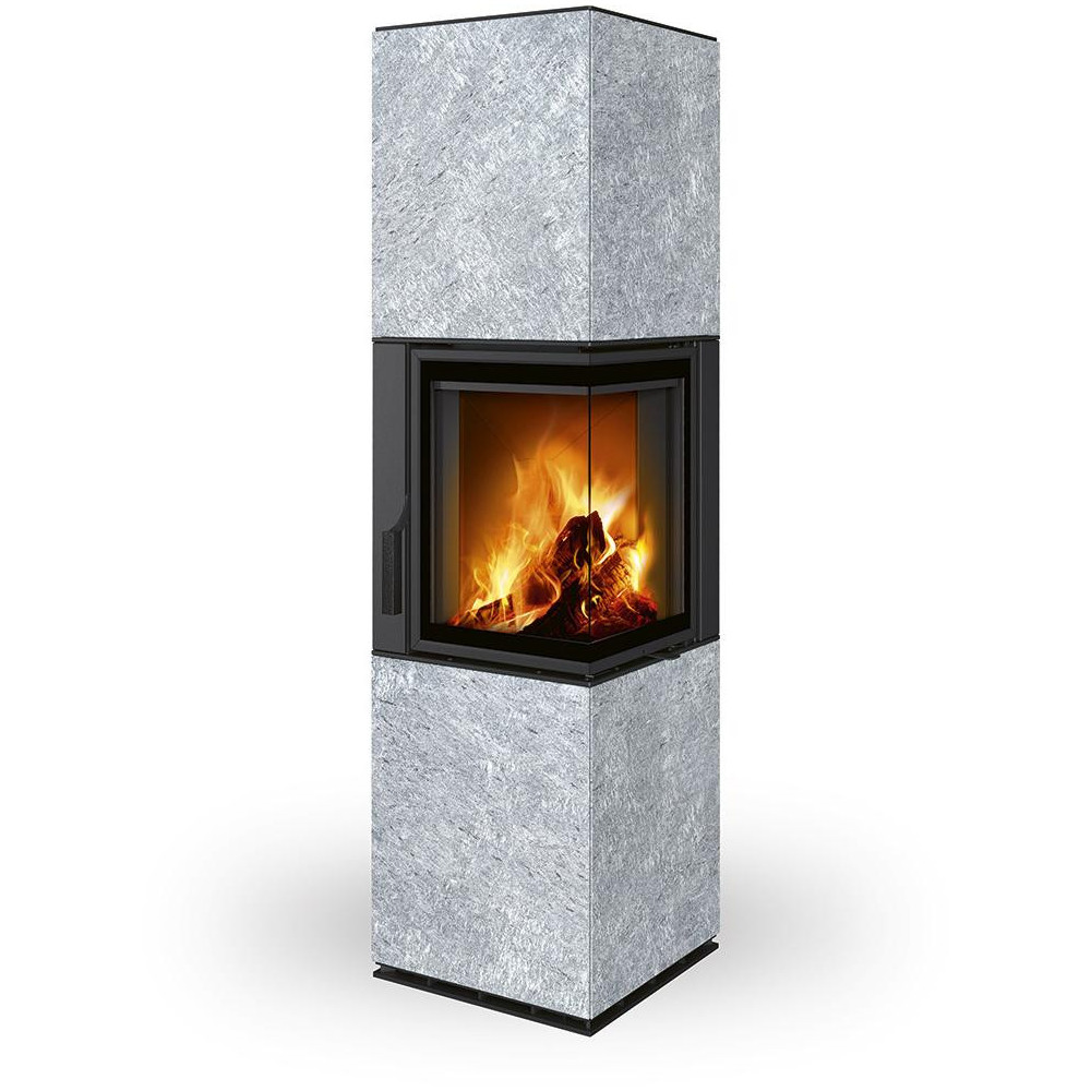 HARMONY R/L HA kameň - dizajnový rohový akumulačný krb, Delené sklo,