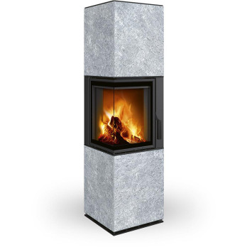 HARMONY R/L HA kameň - dizajnový rohový akumulačný krb, Delené sklo,